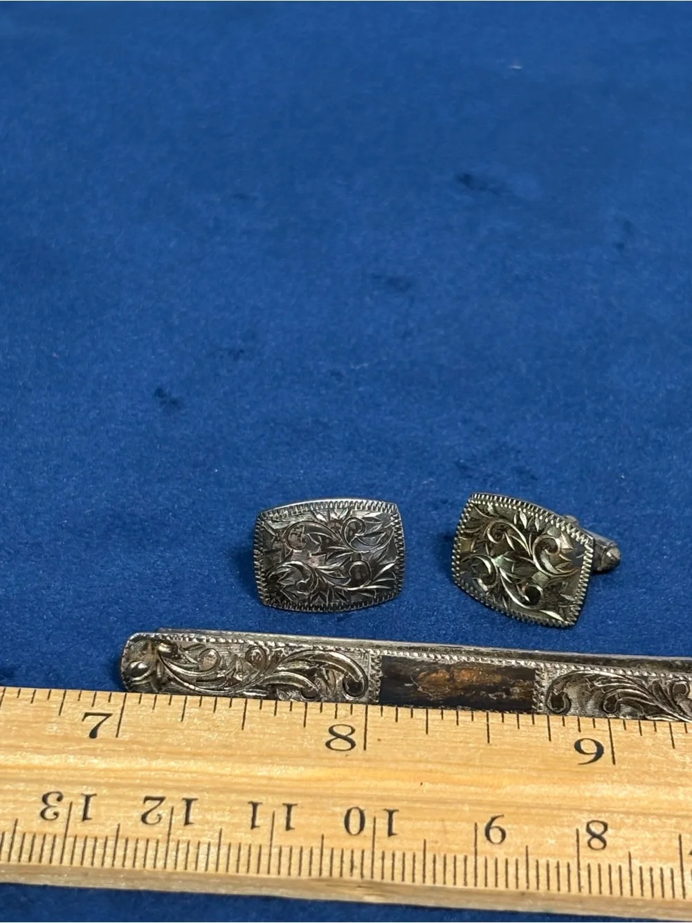 Vintage Silver 950 Engraved Floral Tie Bar & Cufflinks Set Cuff Link